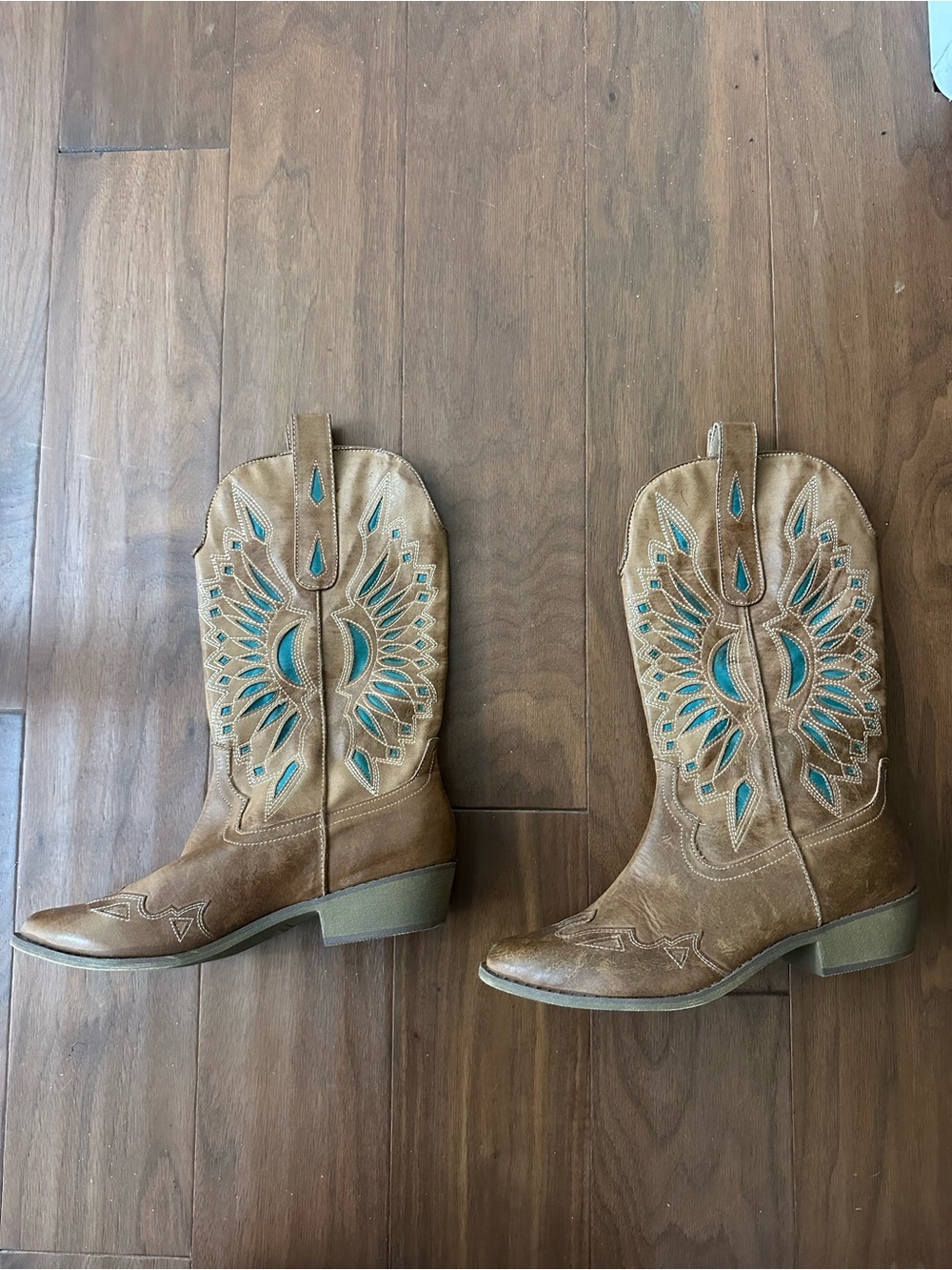Free People Brown Cowboy Heeled Boots with Turquoise Embroidery